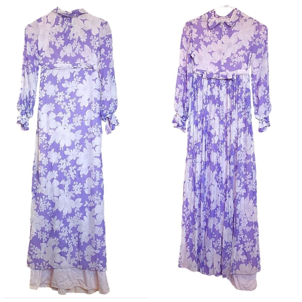 Vintage 60s 70s Womens XS Formal Dress FLAW Purple Floral Longsleeve‎ Babydoll